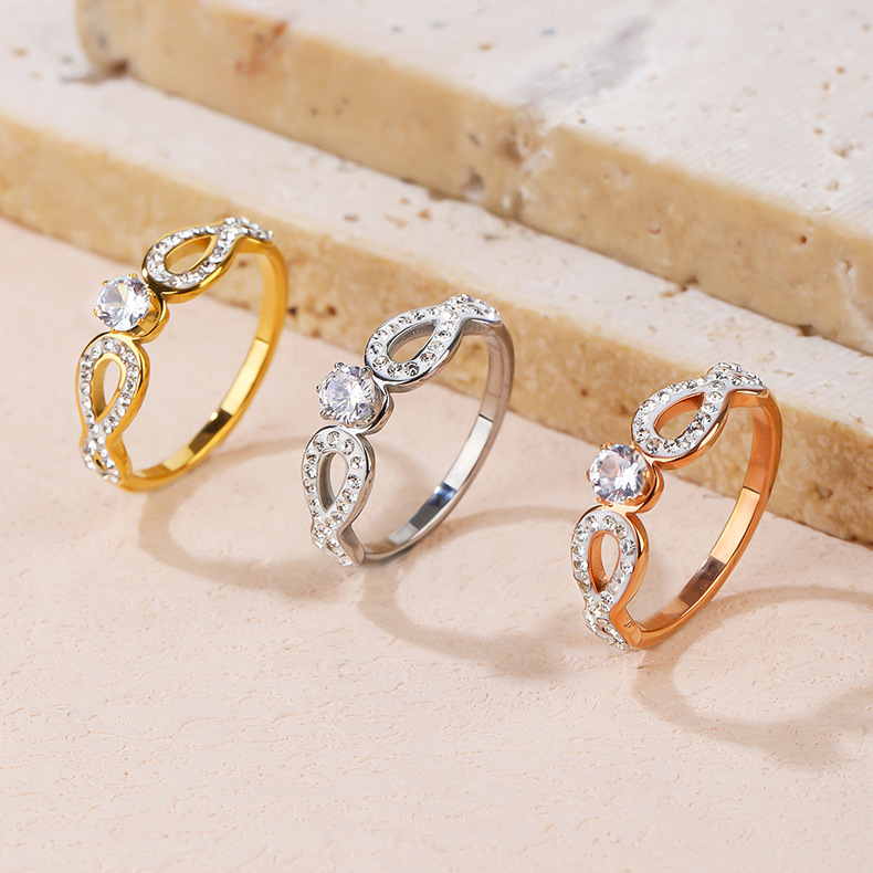 Elegant Curve Titanium Steel Artificial Diamond Open Ring In Bulk